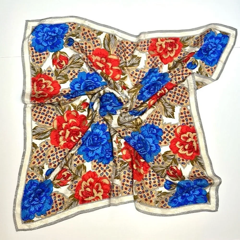 Albert Nipon for XIIX KARAT Silk Scarf Blue Magenta Tan Floral Roses Vintage